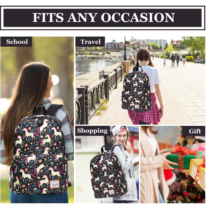 VASCHY School Backpack for Girls, Cute Schoolbag Bookbag for Kids/Teens/Middle School/College/Work Backpack for Women, Black Unicorn - Image 2